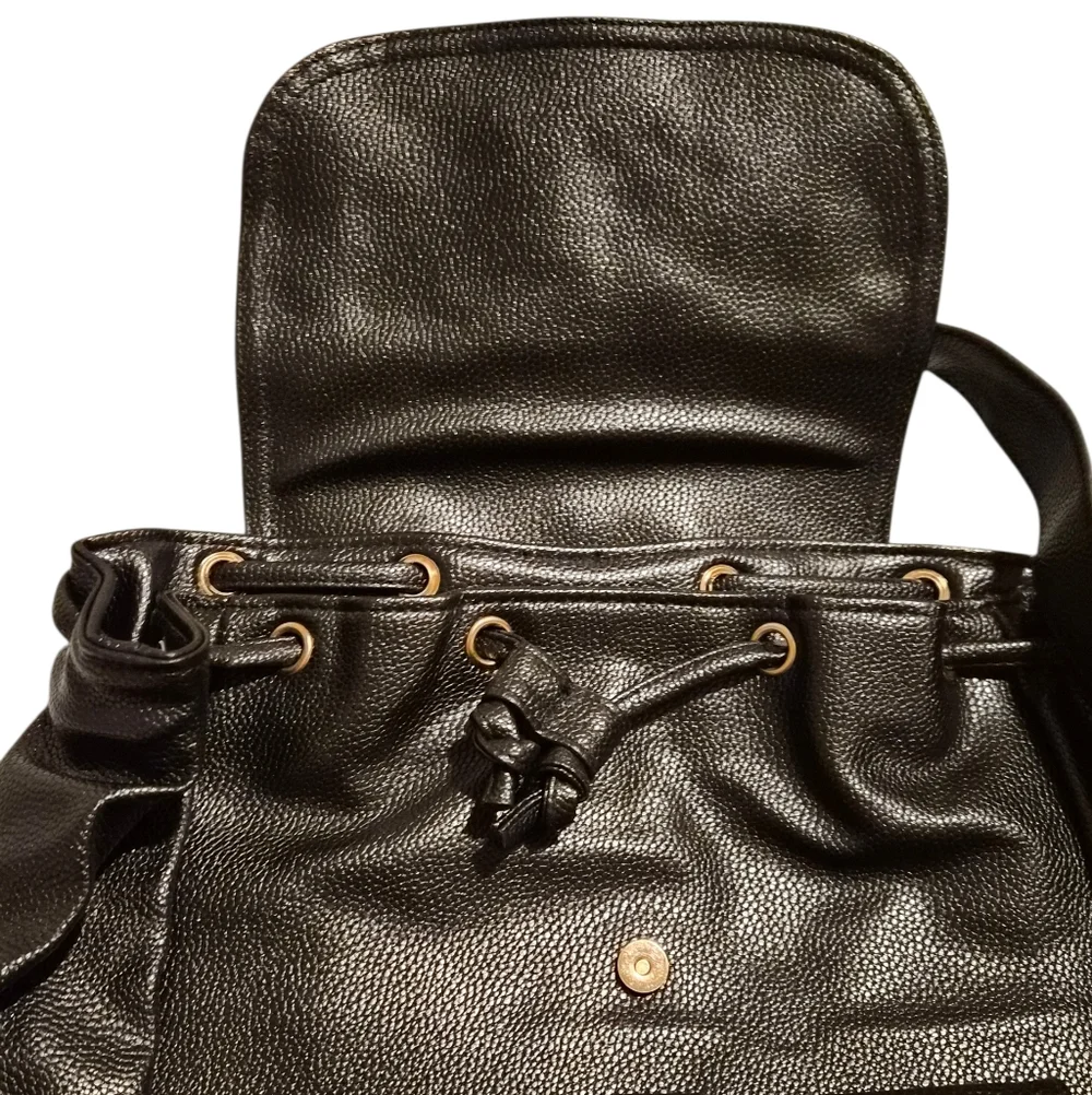 Bob Russo Black Faux Leather Backpack | Drawstring | Multi-Pocket